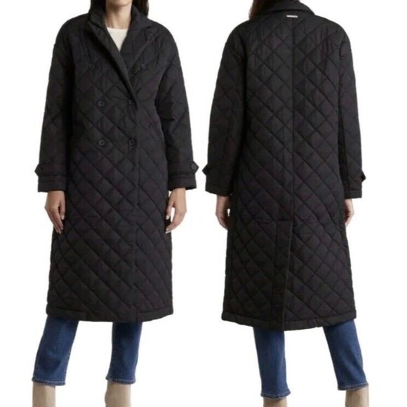 Rebecca Minkoff Double Breasted Quilted Long Black Duster Coat Large NWOT